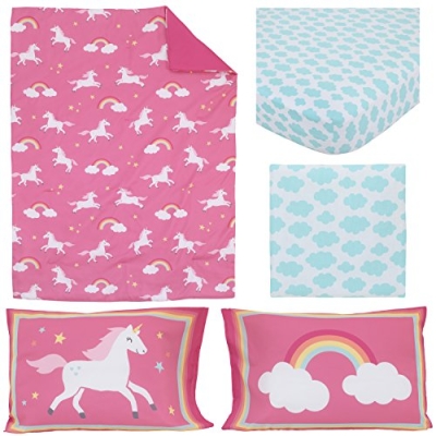 CARTERS Toddler Bedding Set, Rainbow Unicorn Pink Aqua White, 4 Piece, Crib Toddler Mattress, 4 Piece Set 16 Product: CARTERS Rainbow Unicorn 4 Piece Toddler Bedding Set, Pink, Aqua, White