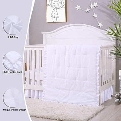 Product: Cloele 3 Pieces Baby Crib Bedding Set- Solid Ruffle Quilted Set Includes Comforter Fitted Sheet Crib Skirt for Boys and Girls - Cute Ruffled Nursery Crib Standard Size Baby Bedding Set White