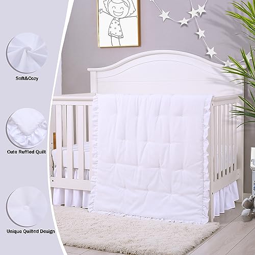Product: Cloele 3 Pieces Baby Crib Bedding Set- Solid Ruffle Quilted Set Includes Comforter Fitted Sheet Crib Skirt for Boys and Girls - Cute Ruffled Nursery Crib Standard Size Baby Bedding Set White