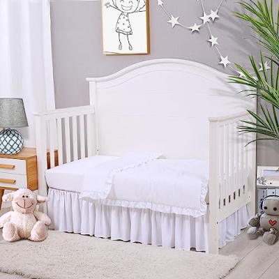 Product: Cloele 3 Pieces Baby Crib Bedding Set- Solid Ruffle Quilted Set Includes Comforter Fitted Sheet Crib Skirt for Boys and Girls - Cute Ruffled Nursery Crib Standard Size Baby Bedding Set White