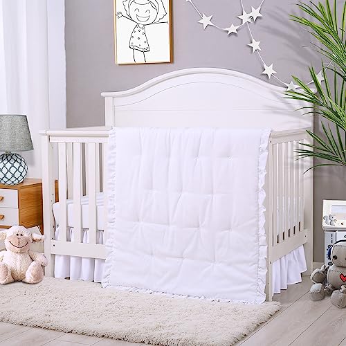 Product: Cloele 3 Pieces Baby Crib Bedding Set- Solid Ruffle Quilted Set Includes Comforter Fitted Sheet Crib Skirt for Boys and Girls - Cute Ruffled Nursery Crib Standard Size Baby Bedding Set White