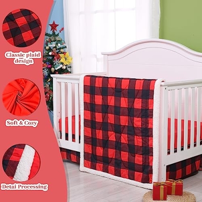 Buffalo Plaid Crib Bedding Set, Red Black Baby Nursery Set, 3 Piece Comforter Fitted Sheet Crib Skirt, 52x28in 9 Product: Cloele Buffalo Plaid Crib Bedding Set for Boys Girls - Standard Red Black 3 Piece Baby Bedding Set,Soft Comforter Bed Set Includes Crib Quilt Fitted Sheet Crib Skirt Nursery Bed Set