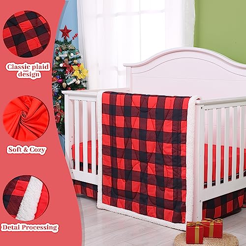 Buffalo Plaid Crib Bedding Set, Red Black Baby Nursery Set, 3 Piece Comforter Fitted Sheet Crib Skirt, 52x28in 2 Product: Cloele Buffalo Plaid Crib Bedding Set for Boys Girls - Standard Red Black 3 Piece Baby Bedding Set,Soft Comforter Bed Set Includes Crib Quilt Fitted Sheet Crib Skirt Nursery Bed Set