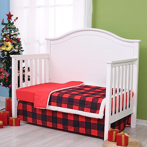 Buffalo Plaid Crib Bedding Set, Red Black Baby Nursery Set, 3 Piece Comforter Fitted Sheet Crib Skirt, 52x28in 1 Product: Cloele Buffalo Plaid Crib Bedding Set for Boys Girls - Standard Red Black 3 Piece Baby Bedding Set,Soft Comforter Bed Set Includes Crib Quilt Fitted Sheet Crib Skirt Nursery Bed Set