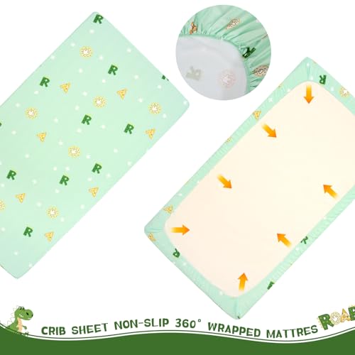 Dinosaur Crib Bedding Set for Boys, Green Nursery Comforter, 4 Piece Crib Sheet Collection, 52x28in 5 Product: Cloele Crib Bedding Set for Boys,4 Piece Dinosaur Baby Bedding Set,Standard Size Toddler Nursery Bedding Includes Comforter,Crib Skirt,Fitted Sheet&Pillowcase,Soft Dinosaur Blanket-Green