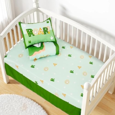 Dinosaur Crib Bedding Set for Boys, Green Nursery Comforter, 4 Piece Crib Sheet Collection, 52x28in 10 Product: Cloele Crib Bedding Set for Boys,4 Piece Dinosaur Baby Bedding Set,Standard Size Toddler Nursery Bedding Includes Comforter,Crib Skirt,Fitted Sheet&Pillowcase,Soft Dinosaur Blanket-Green