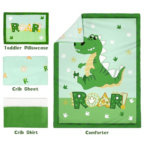 Dinosaur Crib Bedding Set for Boys, Green Nursery Comforter, 4 Piece Crib Sheet Collection, 52x28in 1 Product: Cloele Crib Bedding Set for Boys,4 Piece Dinosaur Baby Bedding Set,Standard Size Toddler Nursery Bedding Includes Comforter,Crib Skirt,Fitted Sheet&Pillowcase,Soft Dinosaur Blanket-Green
