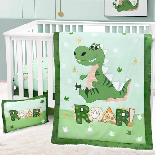 Cloele Crib Bedding Set for Boys,4 Piece Dinosaur Baby Bedding Set,Standard Size Toddler Nursery Bedding Includes Comforter,Crib Skirt,Fitted Sheet&Pillowcase,Soft Dinosaur Blanket-Green - Crib Bedding Sets Product: Cloele Crib Bedding Set for Boys,4 Piece Dinosaur Baby Bedding Set,Standard Size Toddler Nursery Bedding Includes Comforter,Crib Skirt,Fitted Sheet&Pillowcase,Soft Dinosaur Blanket-Green