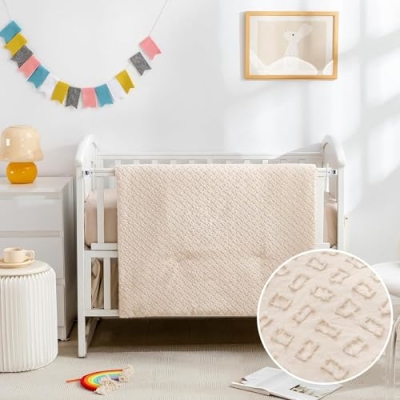Product: Cokouchyi 3 Piece Bedding Set for Boy Girls, Jacquard Tufted Geometric Crib Set, Includes Skirt, Blanket and Sheet, Baby Bedding, Beige