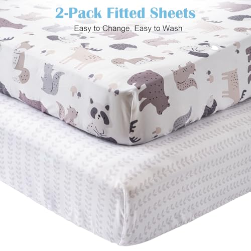 Woodland Animal Crib Bedding Set, 4 Piece Comforter 2 Fitted Sheets Crib Skirt, Bear Raccoon Squirrel, 35x45in 3 Product: Crib Bedding Set 4 Pieces – Includes Comforter, 2 Fitted Sheets for Easy Changing, Crib Skirt – Soft, Breathable, Machine Washable – Fits Standard Crib Mattress – Baby Nursery Set for Boys & Girls