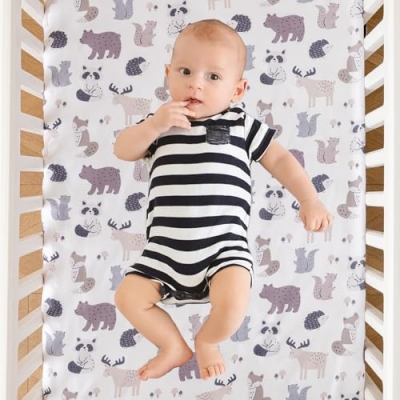 Woodland Animal Crib Bedding Set, 4 Piece Comforter 2 Fitted Sheets Crib Skirt, Bear Raccoon Squirrel, 35x45in 9 Product: Crib Bedding Set 4 Pieces – Includes Comforter, 2 Fitted Sheets for Easy Changing, Crib Skirt – Soft, Breathable, Machine Washable – Fits Standard Crib Mattress – Baby Nursery Set for Boys & Girls