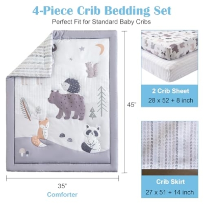 Woodland Animal Crib Bedding Set, 4 Piece Comforter 2 Fitted Sheets Crib Skirt, Bear Raccoon Squirrel, 35x45in 8 Product: Crib Bedding Set 4 Pieces – Includes Comforter, 2 Fitted Sheets for Easy Changing, Crib Skirt – Soft, Breathable, Machine Washable – Fits Standard Crib Mattress – Baby Nursery Set for Boys & Girls