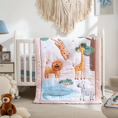 Product: Crib Bedding Set 4 Pieces – Includes Comforter, 2 Fitted Sheets for Easy Changing, Crib Skirt – Soft, Breathable, Machine Washable – Fits Standard Crib Mattress – Baby Nursery Set for Boys & Girls