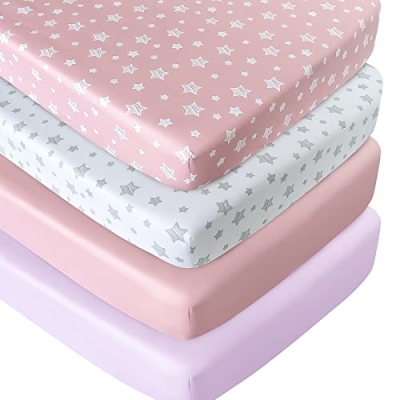 Product: Crib Sheets for Girls 4 Pack, Fitted Crib Sheets for Standard Size Crib and Toddler Mattresses, Soft and Breathable Baby Gift Girl Set, Pink