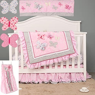 Product: CribMATE 8 PCs Cotton Pink Embroidery Butterfly Nursery Crib Bedding Set Heavy Duty Cotton Themed Baby Girl Cot Bedding Set Quilt Fitted Sheet Skirt Diaper Storage Bag Window Valance 3, 28 X 52