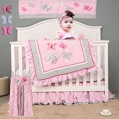 Product: CribMATE 9 PCs Blush Pink Nursery Crib Bedding Set Baby Girl Embroidery 3 D Butterfly Baby Girl Cot Bedding Set, 28 X 52, (BPS9001)
