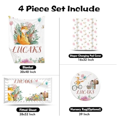 Personalized Fox Nursery Bedding Set, Baby Blanket, Crib Sheet, Diaper Pad Cover, Room Rug, Custom Baby Name 4-Piece 9 Product: Custom Baby Crib Bedding Set – 4-Piece Personalized Fox Nursery Set with Soft Baby Blanket, Fitted Sheet, Diaper Pad Cover and Room Rug – Adorable Forest Fox Theme for Baby Girls, Unique Crib Gift