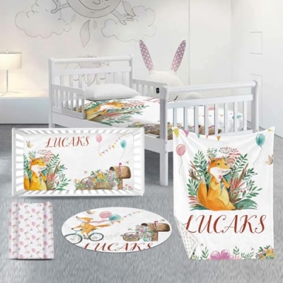 Product: Custom Baby Crib Bedding Set – 4-Piece Personalized Fox Nursery Set with Soft Baby Blanket, Fitted Sheet, Diaper Pad Cover and Room Rug – Adorable Forest Fox Theme for Baby Girls, Unique Crib Gift