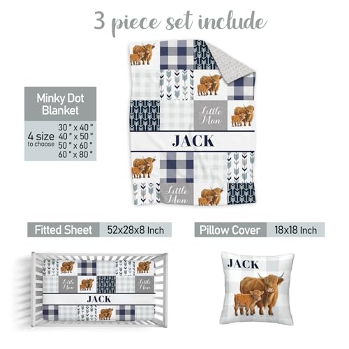 Product: Custom Highland Cow Blue Baby Crib Bedding Set for Boys – Personalized 3-Piece Nursery Set with Name, Minky Dot Blanket, Fitted Crib Sheet & Pillowcase for Newborns, Toddlers, Infant