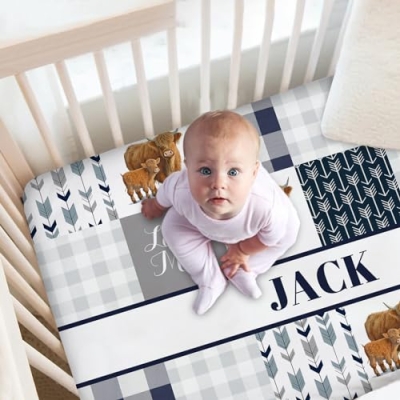 Product: Custom Highland Cow Blue Baby Crib Bedding Set for Boys – Personalized 3-Piece Nursery Set with Name, Minky Dot Blanket, Fitted Crib Sheet & Pillowcase for Newborns, Toddlers, Infant
