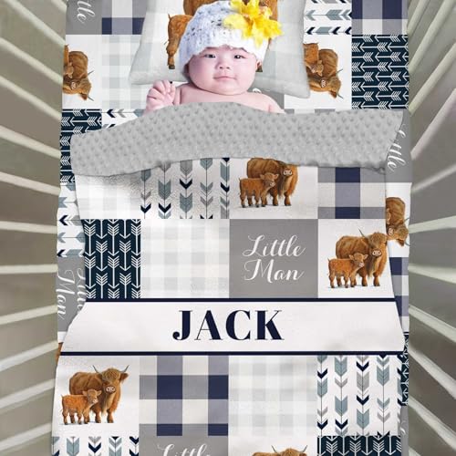Product: Custom Highland Cow Blue Baby Crib Bedding Set for Boys – Personalized 3-Piece Nursery Set with Name, Minky Dot Blanket, Fitted Crib Sheet & Pillowcase for Newborns, Toddlers, Infant