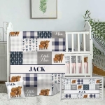 Product: Custom Highland Cow Blue Baby Crib Bedding Set for Boys – Personalized 3-Piece Nursery Set with Name, Minky Dot Blanket, Fitted Crib Sheet & Pillowcase for Newborns, Toddlers, Infant