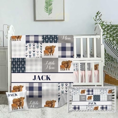 Product: Custom Highland Cow Blue Baby Crib Bedding Set for Boys – Personalized 3-Piece Nursery Set with Name, Minky Dot Blanket, Fitted Crib Sheet & Pillowcase for Newborns, Toddlers, Infant