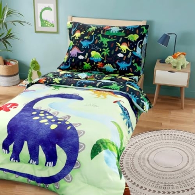 Product: DAYEEBALL 4 Piece Toddler Bedding Set, Ultra Soft and Breathable Cartoon Dinosaur Toddler Comforter Sets for Boys Includes Quilted Comforter, Fitted Sheet, Flat Sheet and Pillowcase