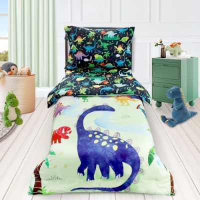 Product: DAYEEBALL 4 Piece Toddler Bedding Set, Ultra Soft and Breathable Cartoon Dinosaur Toddler Comforter Sets for Boys Includes Quilted Comforter, Fitted Sheet, Flat Sheet and Pillowcase