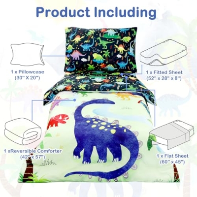 Product: DAYEEBALL 4 Piece Toddler Bedding Set, Ultra Soft and Breathable Cartoon Dinosaur Toddler Comforter Sets for Boys Includes Quilted Comforter, Fitted Sheet, Flat Sheet and Pillowcase
