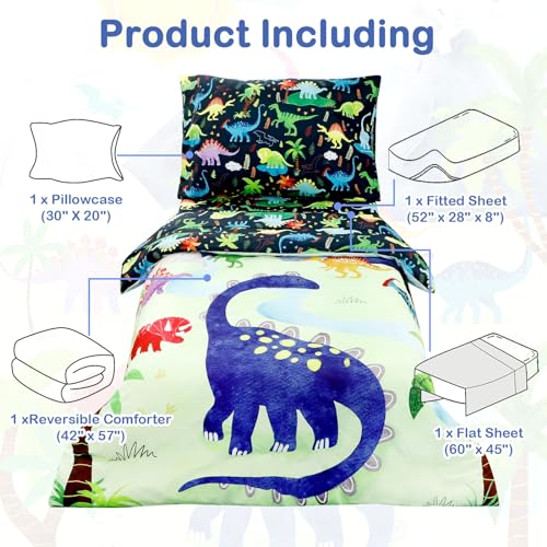 Product: DAYEEBALL 4 Piece Toddler Bedding Set, Ultra Soft and Breathable Cartoon Dinosaur Toddler Comforter Sets for Boys Includes Quilted Comforter, Fitted Sheet, Flat Sheet and Pillowcase