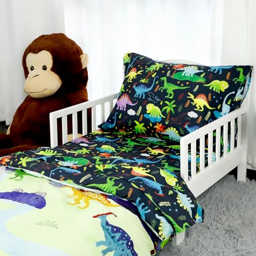 Product: DAYEEBALL 4 Piece Toddler Bedding Set, Ultra Soft and Breathable Cartoon Dinosaur Toddler Comforter Sets for Boys Includes Quilted Comforter, Fitted Sheet, Flat Sheet and Pillowcase