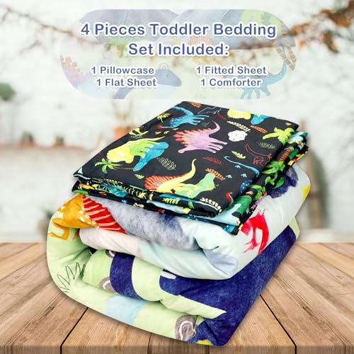 Product: DAYEEBALL 4 Piece Toddler Bedding Set, Ultra Soft and Breathable Cartoon Dinosaur Toddler Comforter Sets for Boys Includes Quilted Comforter, Fitted Sheet, Flat Sheet and Pillowcase