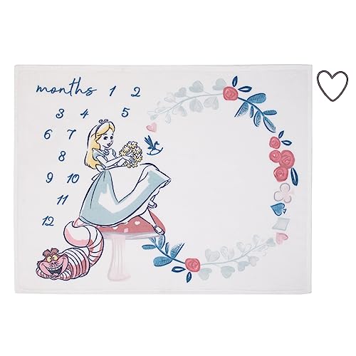 Product: Disney Alice in Wonderland Blue, Pink, and White 4-Piece Nursery Set – Fitted Crib Sheet, Photo Op Sheet, Plush Sherpa Blanket & Milestone Blanket