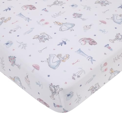 Product: Disney Alice in Wonderland Blue, Pink, and White 4-Piece Nursery Set – Fitted Crib Sheet, Photo Op Sheet, Plush Sherpa Blanket & Milestone Blanket