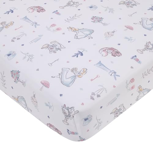 Product: Disney Alice in Wonderland Blue, Pink, and White 4-Piece Nursery Set – Fitted Crib Sheet, Photo Op Sheet, Plush Sherpa Blanket & Milestone Blanket