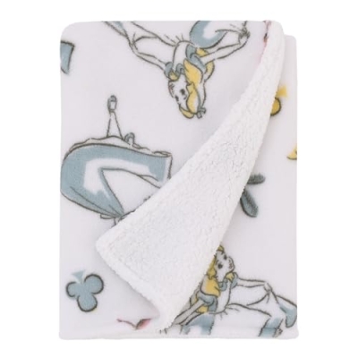 Product: Disney Alice in Wonderland Blue, Pink, and White 4-Piece Nursery Set – Fitted Crib Sheet, Photo Op Sheet, Plush Sherpa Blanket & Milestone Blanket