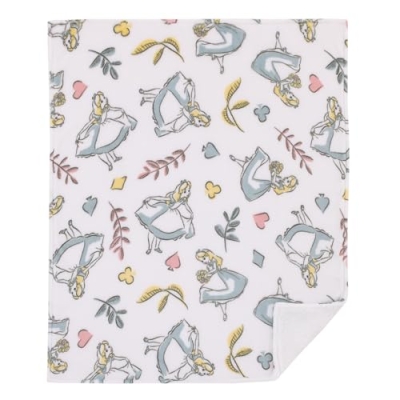 Product: Disney Alice in Wonderland Blue, Pink, and White 4-Piece Nursery Set – Fitted Crib Sheet, Photo Op Sheet, Plush Sherpa Blanket & Milestone Blanket