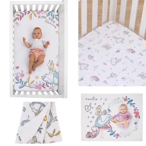 Product: Disney Alice in Wonderland Blue, Pink, and White 4-Piece Nursery Set – Fitted Crib Sheet, Photo Op Sheet, Plush Sherpa Blanket & Milestone Blanket