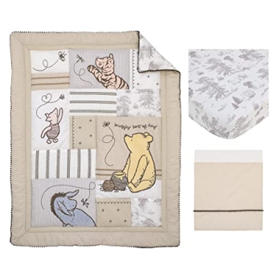 Product: Disney Classic Pooh Hunny Fun with Piglet and Eeyore The Hundred Acre Woods Taupe 3 Piece Nursery Crib Bedding Set - Comforter, 100% Cotton Fitted Crib Sheet, and Crib Skirt