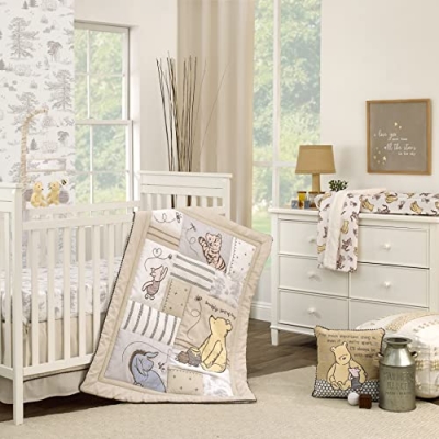 Product: Disney Classic Pooh Hunny Fun with Piglet and Eeyore The Hundred Acre Woods Taupe 3 Piece Nursery Crib Bedding Set - Comforter, 100% Cotton Fitted Crib Sheet, and Crib Skirt