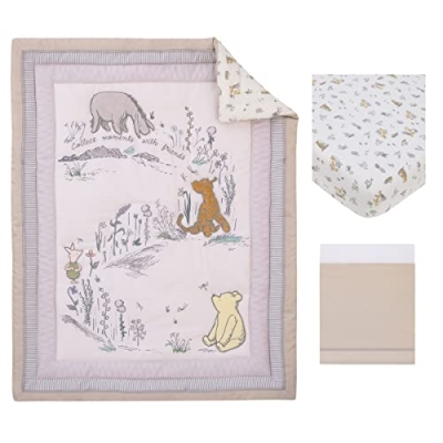 Product: Disney Classic Pooh Naturally Friends Ivory and Taupe Piglet, Eeyore, and Tigger 3 Piece Nursery Crib Bedding Set - Comforter, 100% Cotton Fitted Crib Sheet, and Crib Skirt