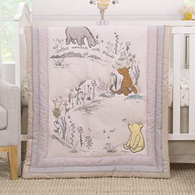 Product: Disney Classic Pooh Naturally Friends Ivory and Taupe Piglet, Eeyore, and Tigger 3 Piece Nursery Crib Bedding Set - Comforter, 100% Cotton Fitted Crib Sheet, and Crib Skirt