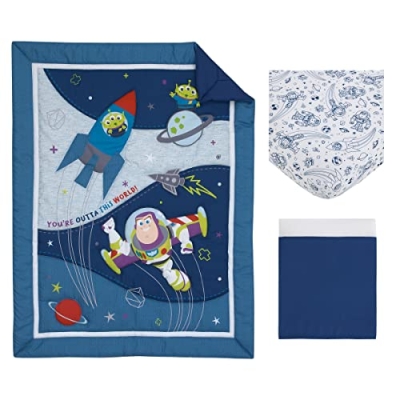 Disney Toy Story Nursery Crib Bedding Set, Blue Gray 3 Piece Comforter Fitted Sheet Crib Skirt, 28x52in 10 Product: Disney Toy Story Outta This World Blue and Gray 3 Piece Nursery Crib Bedding Set - Comforter, Fitted Crib Sheet, and Crib Skirt