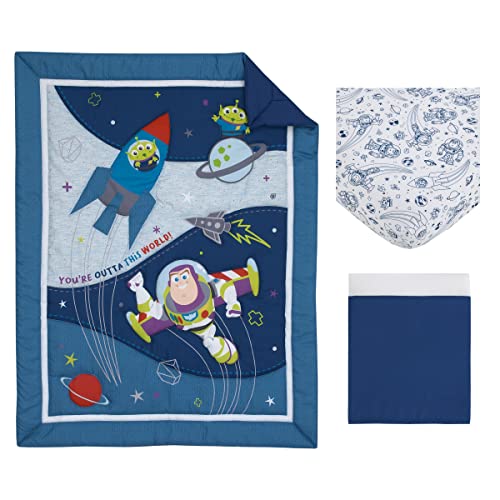 Disney Toy Story Nursery Crib Bedding Set, Blue Gray 3 Piece Comforter Fitted Sheet Crib Skirt, 28x52in 4 Product: Disney Toy Story Outta This World Blue and Gray 3 Piece Nursery Crib Bedding Set - Comforter, Fitted Crib Sheet, and Crib Skirt