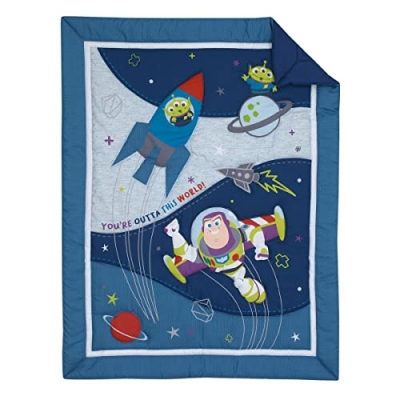 Disney Toy Story Nursery Crib Bedding Set, Blue Gray 3 Piece Comforter Fitted Sheet Crib Skirt, 28x52in 7 Product: Disney Toy Story Outta This World Blue and Gray 3 Piece Nursery Crib Bedding Set - Comforter, Fitted Crib Sheet, and Crib Skirt