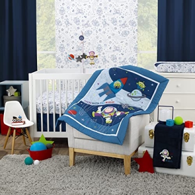 Disney Toy Story Nursery Crib Bedding Set, Blue Gray 3 Piece Comforter Fitted Sheet Crib Skirt, 28x52in 11 Product: Disney Toy Story Outta This World Blue and Gray 3 Piece Nursery Crib Bedding Set - Comforter, Fitted Crib Sheet, and Crib Skirt