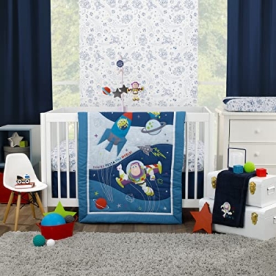 Product: Disney Toy Story Outta This World Blue and Gray 3 Piece Nursery Crib Bedding Set - Comforter, Fitted Crib Sheet, and Crib Skirt
