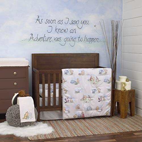 Product: Disney Winnie The Pooh Classic Pooh Ivory, Blue, Sage, Tan Storybook 6 Piece Nursery Crib Bedding Set - Comforter, 2 Fitted Crib Sheets, Dust Ruffle, Baby Blanket, Changing Pad Cover
