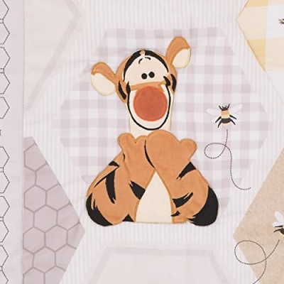 Product: Disney Winnie The Pooh Hugs and Honeycombs Grey, White, and Tan Patchwork with Piglet, Tigger and Eeyore 3 Piece Crib Bedding Set - Comforter, 100% Cotton Fitted Crib Sheet, and Crib Skirt